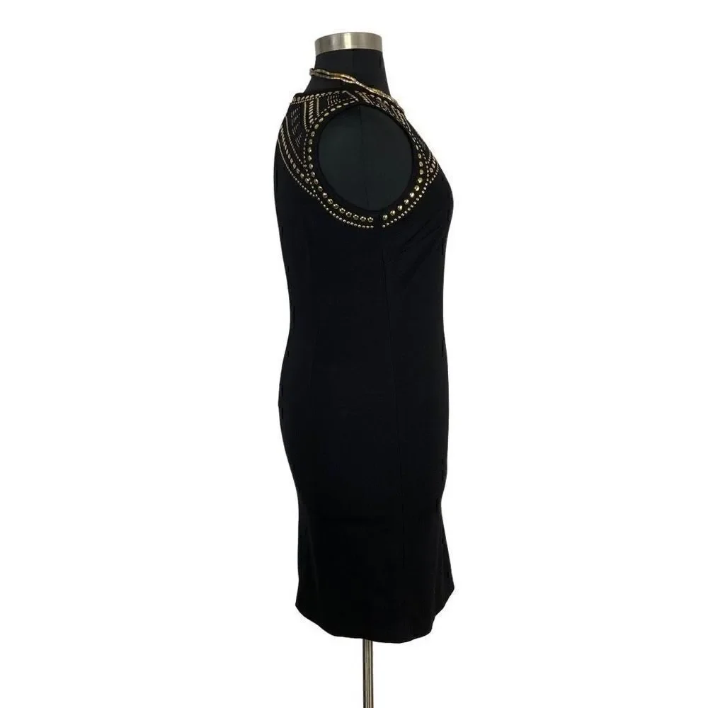 Carmen Marc Valvo L Tank Dress Black Gold Studded Y2K Goth Punk Sheath Cyberpunk - Picture 2 of 6